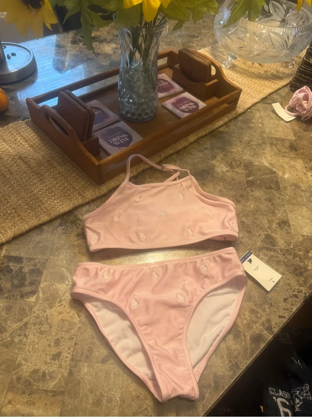 Ralph Lauren Soft Pink Embroidered Bandeau Bikini Set